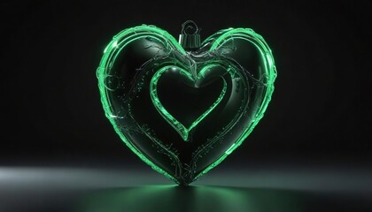 Green glowing heart with silver accents on a black background , shadowy, ominous