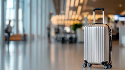 The image captures a solitary, silver suitcase standing upright in a spacious terminal setting, evoking feelings of journey anticipation and the transient nature of travel.