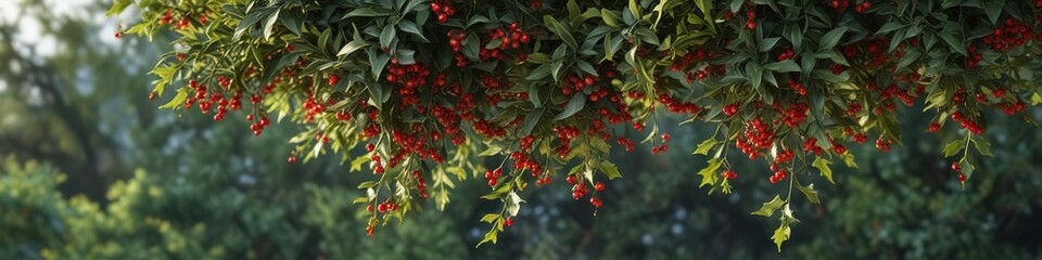 Obraz premium Hanging mistletoe with bright red berries amidst other outdoor foliage, botany, woody plants
