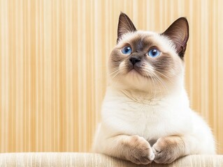 A close-up of a Siamese cat with striking blue eyes against a striped background.