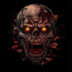 Scary Zombie Head Isolated Sublimation On Black Background, T-shirt design