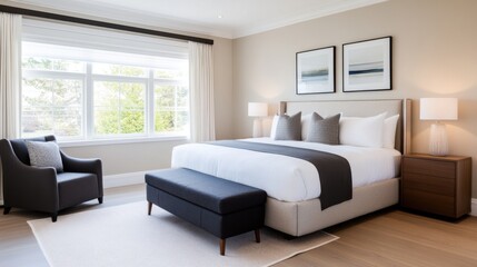 Modern and Minimalist Bedroom Design with Elegant Bed and Cozy Seating Area