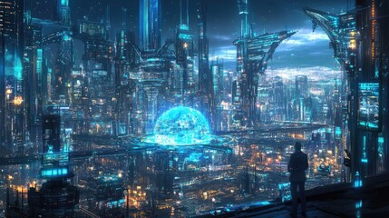 A futuristic world trade hub visualized as a holographic globe, intricate network paths connecting continents, cyberpunk, digital art, blue neon hues