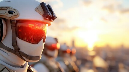 A group of futuristic soldiers clad in armor with reflective visors stand together, gazing at a breathtaking sunset scene over a sprawling urban landscape.