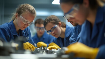 Fototapeta premium Four people working on manufacturing equipment in a factory