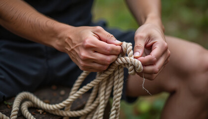 Hands tying a rope knot outdoors
