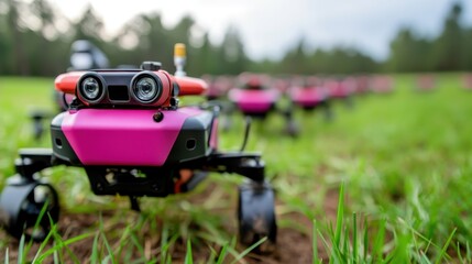 Obraz premium Tiny, colorful robotic creatures explore a lush green field, demonstrating advancements in robotics, freedom of movement, and technological innovation in natural settings.