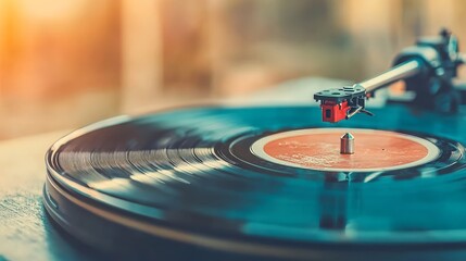 Obraz premium A close-up of a vinyl record on a turntable, capturing a nostalgic vibe.