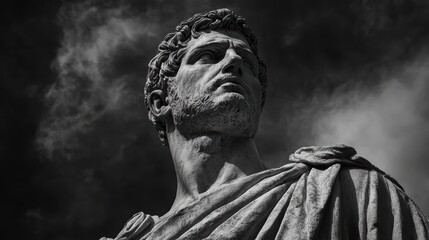 Dramatic close-up of an ancient Roman marble statue set against a striking backdrop of swirling dark clouds capturing timeless stoicism.