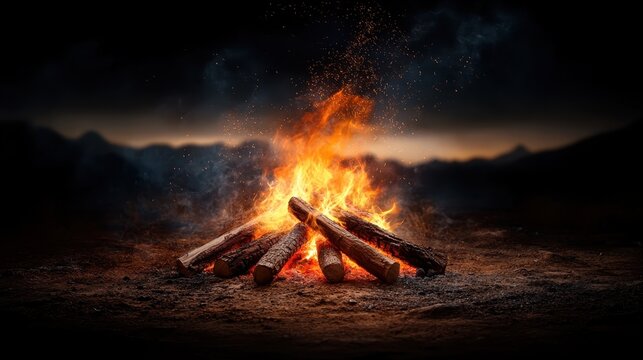 An inviting campfire burns brightly against the dark wilderness backdrop, offering feelings of comfort and warmth amidst the rugged natural landscape at night. - Powered by Adobe