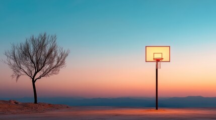 A minimalist basketball hoop stands against a vast desert backdrop, bathed in soft, pastel sunrise hues, conveying simplicity and quiet introspection of dawn.