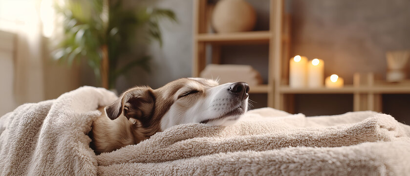 dog in spa; cute, calm crossbread doggy relaxing under blanket & sleeping on the pillow in wellness center; funny, creative way for pet salon advertising