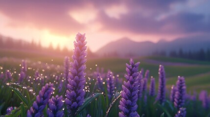 Fototapeta premium Lavender Field at Sunset with Dew Drops and Soft Lighting
