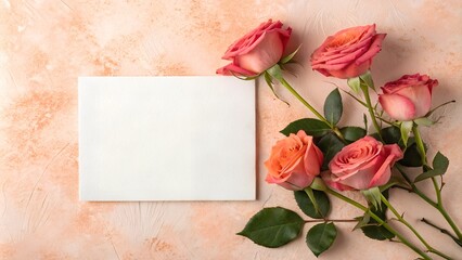 Obraz premium Roses and white empty rectangular paper note frame on peach fuzz table texture background