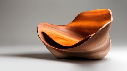 This unique chair merges smooth wood tones and an ergonomic design, inviting a comfortable, aesthetic seating experience with modern artistic undertones.