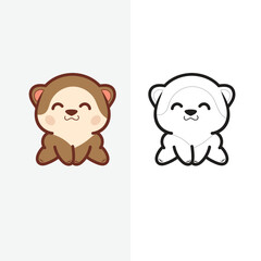 Cute ferret or kitten clipart illustration and black and white. Kawaii clip art baby animal. Cute vector illustration of a kawaii pet for stickers, prints for clothes, baby shower. 