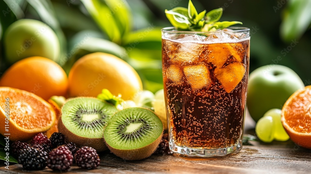 Poster refreshing beverage with mixed fruits and ice on wooden table