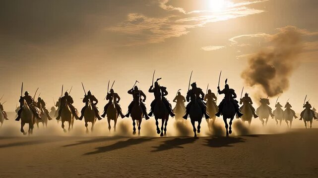 Epic Cavalry Charge of Warriors on Horses in Desert Battlefield During Golden Hour

