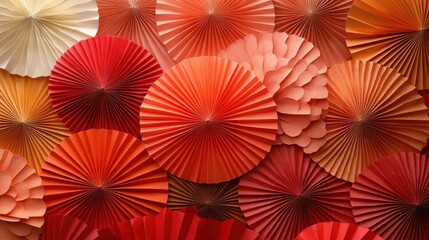 Naklejka premium A collection of red and gold paper fans arranged in a circular design.