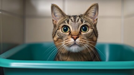 Adorable Tabby Cat with Big Eyes Peering from Litter Box