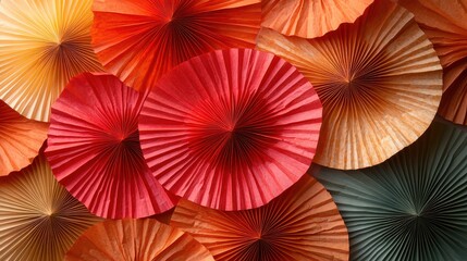 A collection of red and gold paper fans arranged in a circular design.