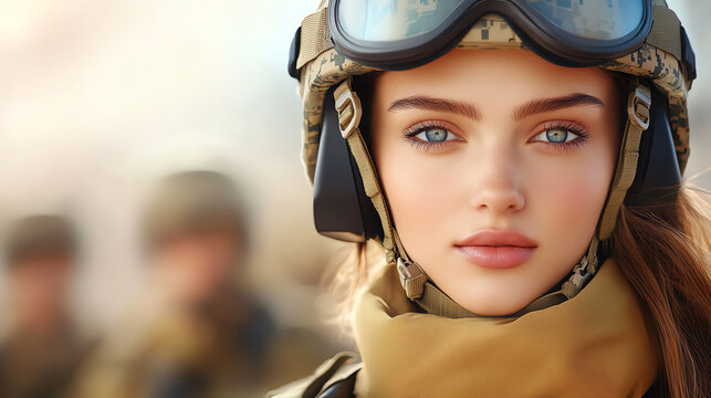 A portrait of a young woman in military gear, showcasing strength and determination, with a focused expression and striking features.