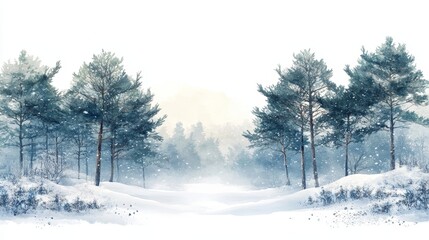 Snow-covered pine trees, winter wonderland scene, soft white background, wide banner size, Generative AI