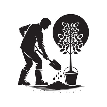 gardener planting tree silhouette black and white clip art preview