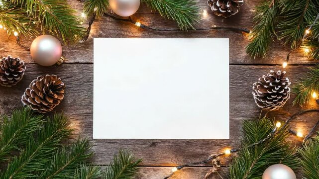 Christmas blank card on a rustic desk. White greeting card flay lay, top view with holiday decorations. Frame note mock up with space for text. Empty paper sheet. Seasons greetings. Template. Business