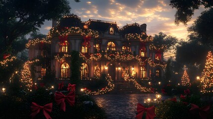 A festive house glowing with twinkling fairy lights and garlands, the tranquil evening sky enhancing the holiday warmth, vibrant red bows and lush greenery framing the scene, photorealistic,