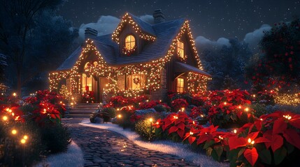 A festive house glowing with twinkling lights and garlands, vibrant poinsettias blooming around the yard, serene night backdrop, inviting holiday ambiance, hd natural look,
