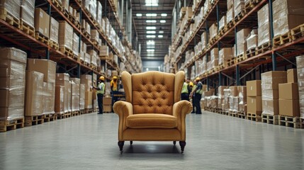 Naklejka premium Comfortable armchair stands in busy warehouse with workers managing inventory