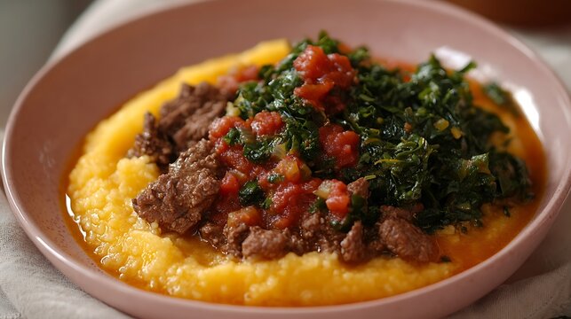 Close up of food soup with beef served with garri on a pink plate placed with linen fabric