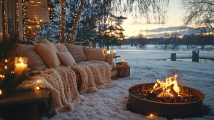 A cozy outdoor bench covered in blankets and pillows near a Christmas firepit.