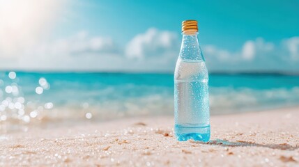 A clear water bottle, chilled and covered with condensation, glistens under the brilliant summer sun on a sandy beach, capturing refreshment and thirst-quenching delight.