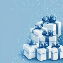 Presents Wrapped in Blue and White Are Stacked Beautifully With Snowy Flakes Floating Around in a Serene Winter Setting at Dusk