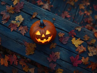 A jack-o'-lantern on a wooden surface covered with autumn leaves