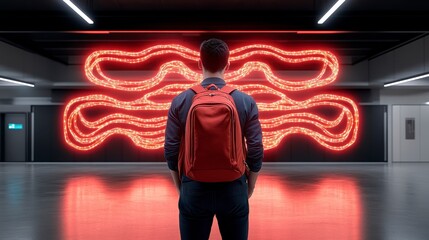 Fototapeta premium A person with a backpack stands in front of a vibrant red light installation in a modern space, creating a striking visual contrast.