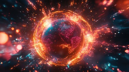 Obraz premium A futuristic representation of global connections, a globe surrounded by spinning holographic data points, sci-fi, high resolution, vibrant tones