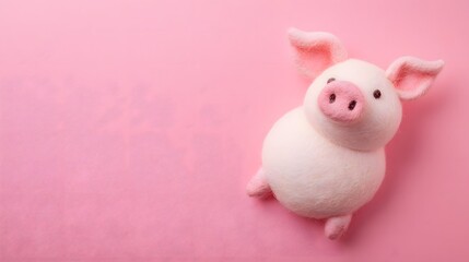 A handmade felt pig laying flat on a pink background