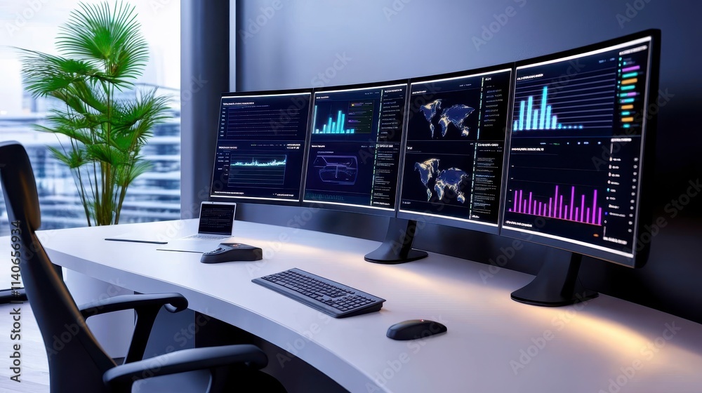 Poster a modern workspace featuring multiple curved monitors displaying data analytics, with a sleek desk a
