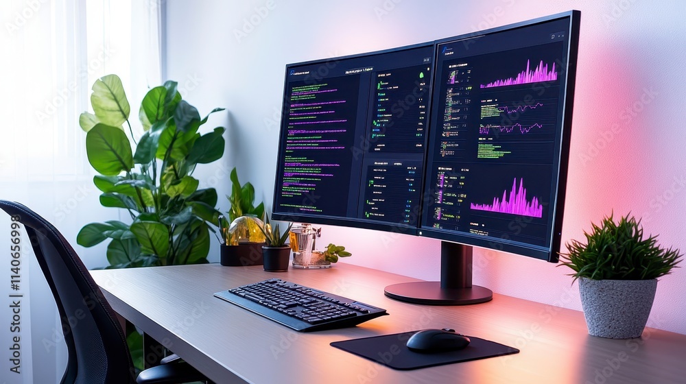 Poster a modern workspace featuring dual monitors displaying code and data, surrounded by plants, creating 