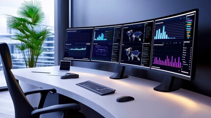 Naklejka premium A modern workspace featuring multiple curved monitors displaying data analytics, with a sleek desk and indoor plant, creating a high-tech atmosphere.