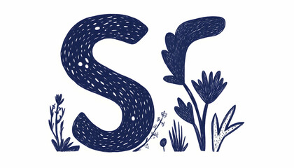 Fototapeta premium Navy Blue Floral Letter S Illustration
