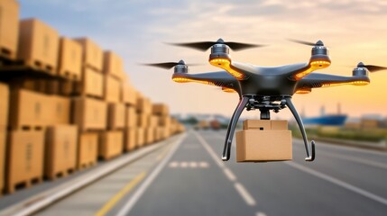 Fototapeta premium A drone carries a package over a road lined with stacked boxes, highlighting advances in delivery technology and logistics.