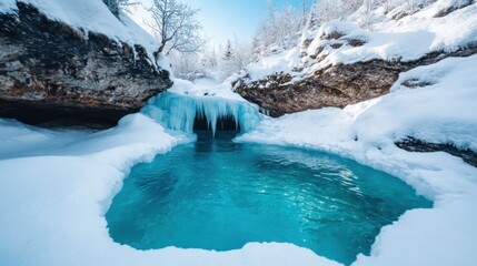 A serene image of an icy waterfall gently flowing into a tranquil blue pool, surrounded by snow-capped rocks, showcasing nature's calming winter beauty.
