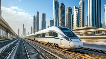 A modern high-speed train gliding past futuristic skyscrapers, its sleek design mirroring the ultra-modern surroundings