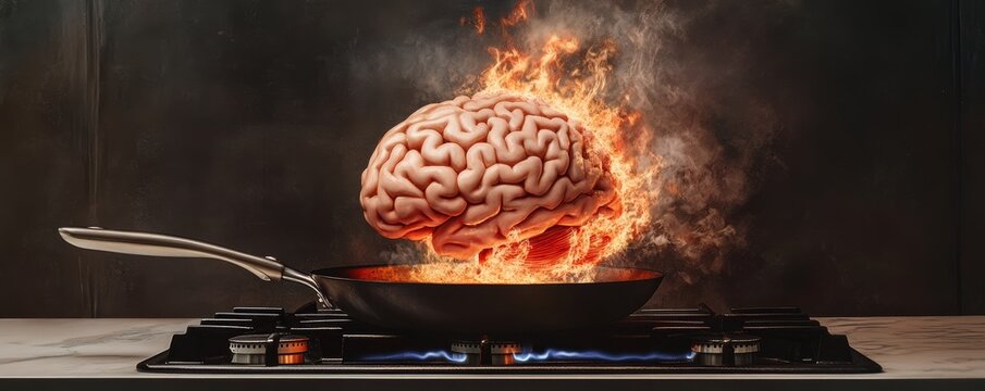Burning brain cooking in frying pan on kitchen stove
