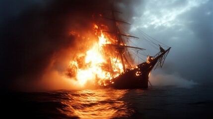 Obraz premium A majestic ship is caught ablaze amidst raging ocean waves under a dark, stormy sky, creating a dramatic and powerful scene of destruction at sea.
