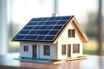 3D rendering of a small house with solar panels on the roof. 